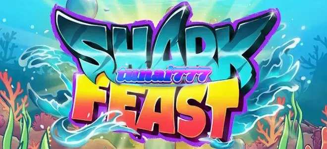 Tampilan visual neon yang cerah dari slot Shark Feast