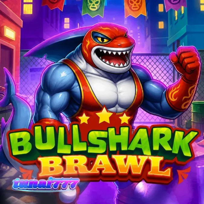 Tampilan antarmuka game slot Bullshark Brawl pada perangkat mobile dengan tema arena gulat neon.